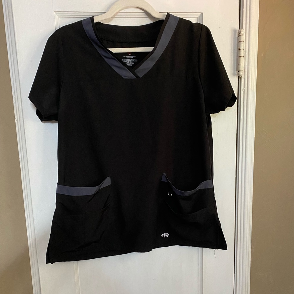 Black scrub top with grey accents. Medium women